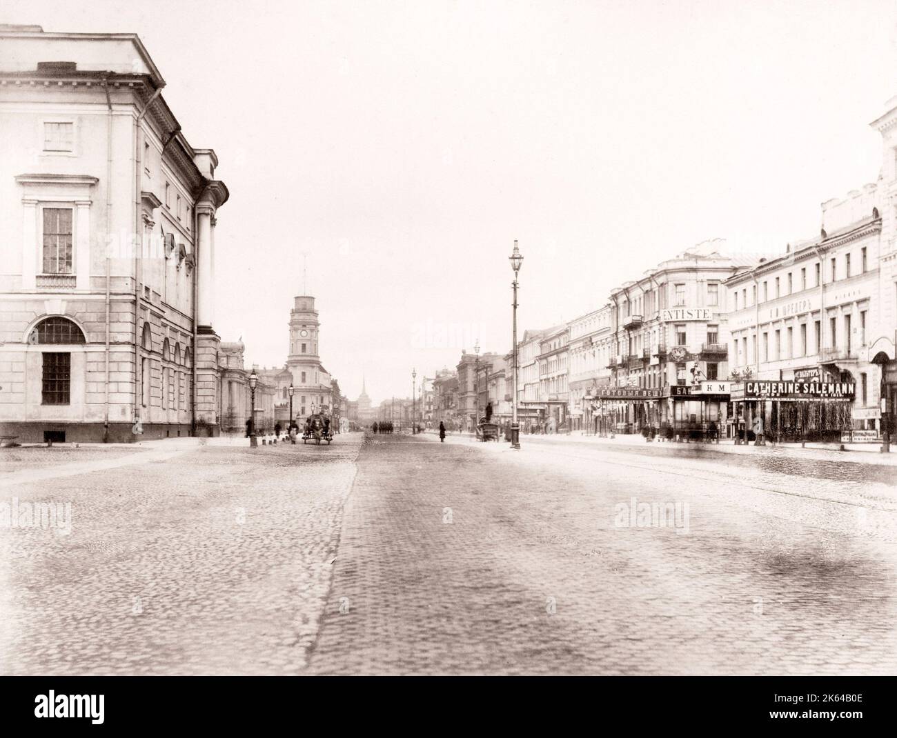19th century vintage photograph Russia - Nevsky Prospect, the main street in the city of St. Petersburg, Russia, named after the 13th-century Russian prince Alexander Nevsk Stock Photo