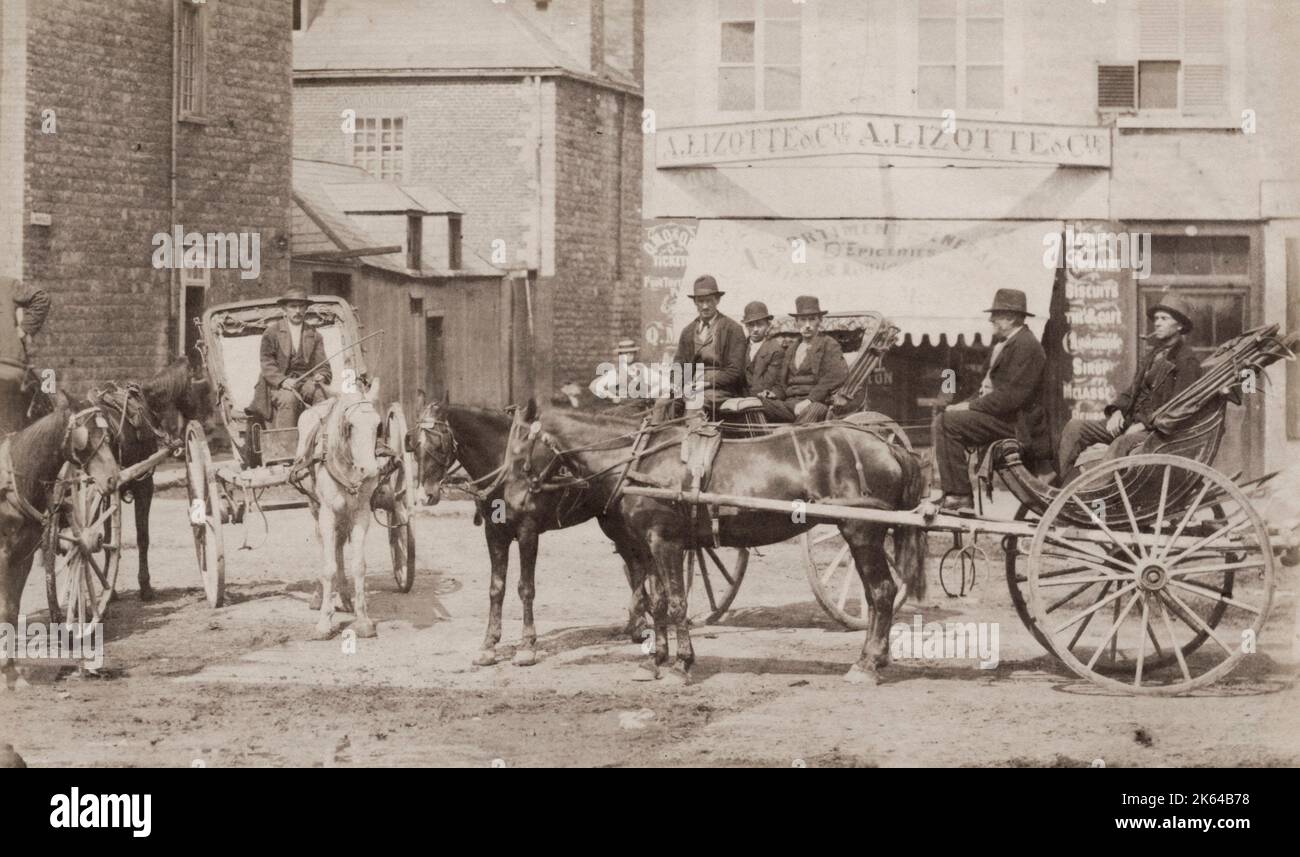 19th century vintage photograph - Caleches, horse drawn hackney carriages, Montreal, Canada, c.1880's. Stock Photo