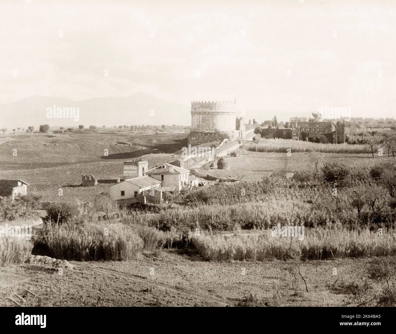 Vintage 19th century photograph: The Tomb of Caecilia Metella (Italian: Mausoleo di Cecilia Metella) is a mausoleum located just outside Rome at the three mile marker of the Via Appia. Stock Photo