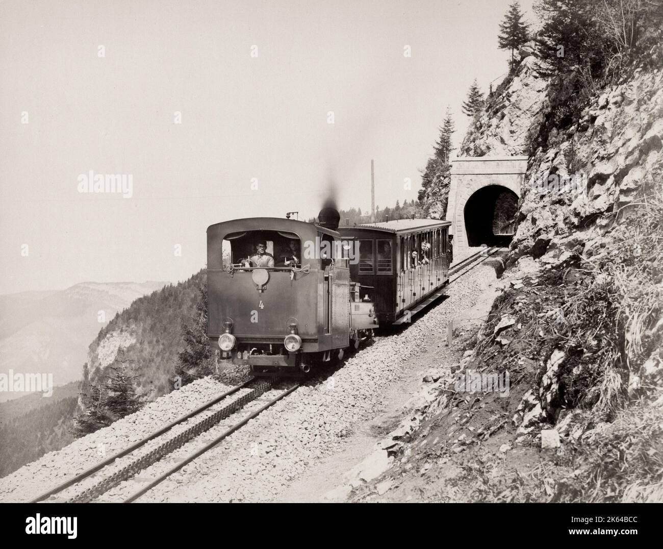 Vintage 19th century photograph: funicular steam train, engine, on a railway with tunnel, France, image c.1890's Stock Photo