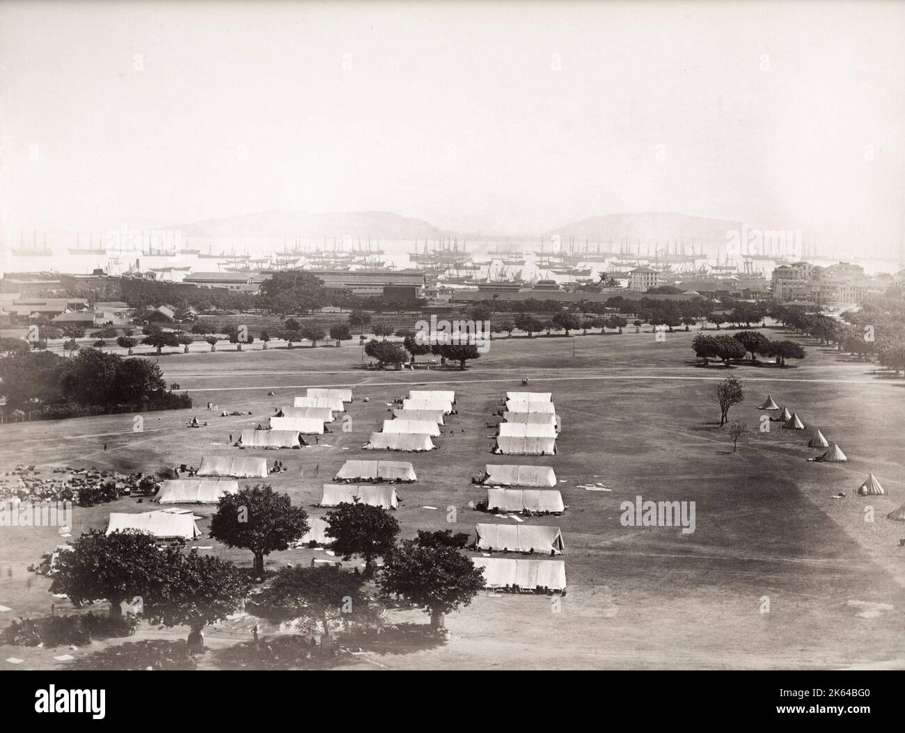 Vintage 19th century photograph British India, army camp and ships in