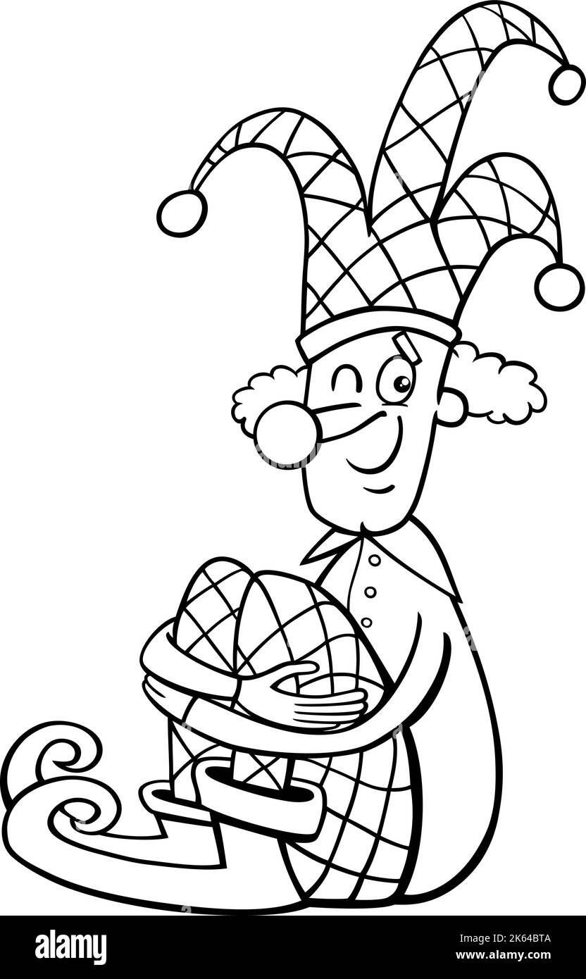 Black and white cartoon illustration of funny clown performer or jester