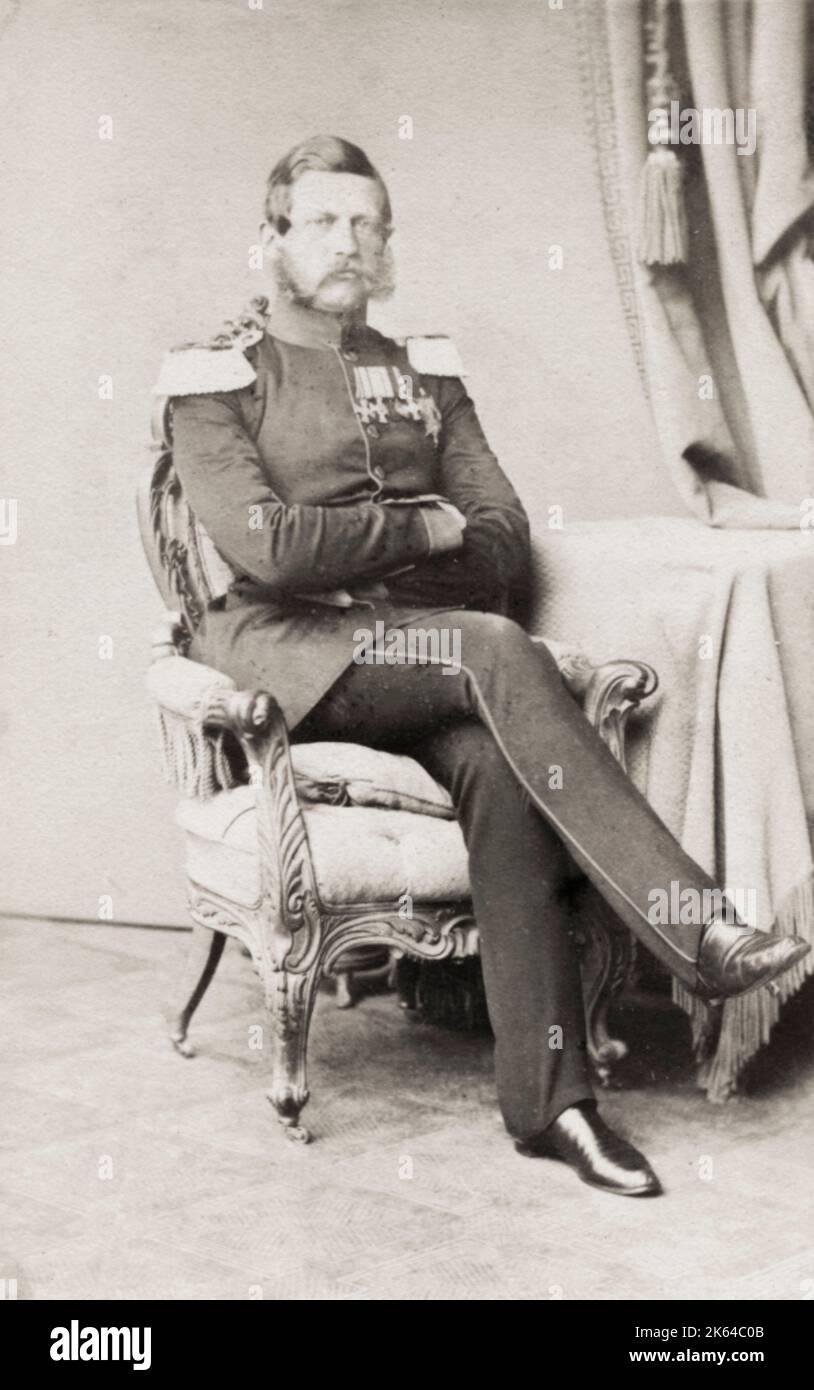 Vintage 19th century  photograph: Frederick III  18 October 1831 - 15 June 1888) was German Emperor and King of Prussia for ninety-nine days in 1888, the Year of the Three Emperors. He was the only son of Emperor Wilhelm I. Photographed c.1860 as Crown Prince of Prussia. Stock Photo