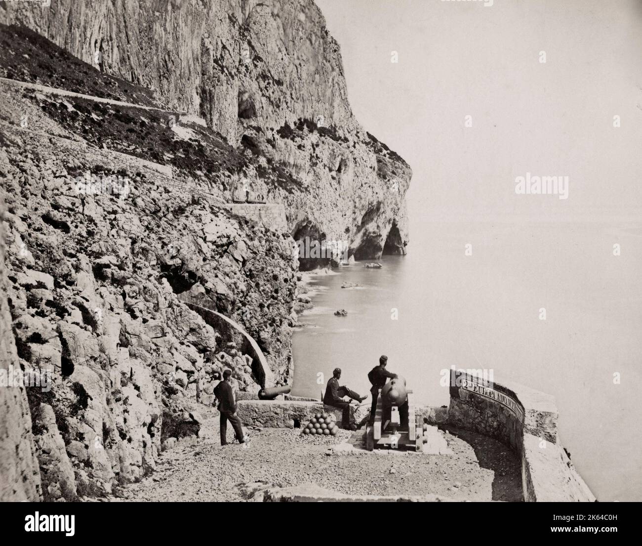 Vintage 19th century photograph: Europa Pass gun batteries  -  a group of artillery batteries in the British Overseas Territory of Gibraltar. Stock Photo