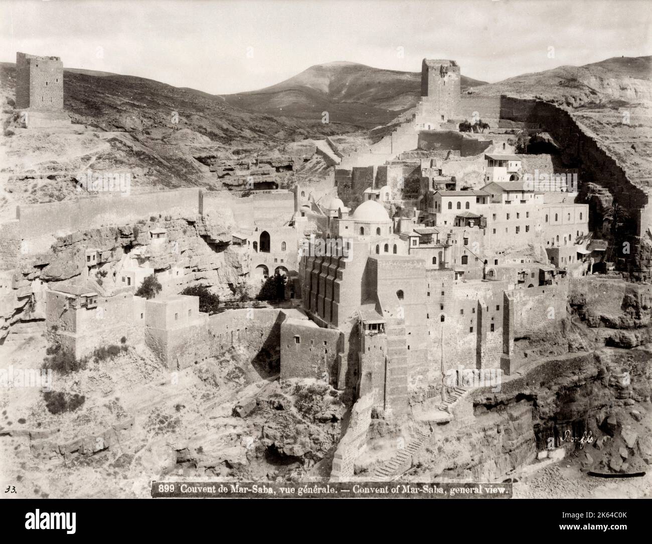 Vintage 19th century  photograph: Convent of Mar Saba. The Holy Lavra of Saint Sabbas, known in Syriac as Mar Saba, is a Greek Orthodox monastery overlooking the Kidron Valley at a point halfway between the Old City of Jerusalem and the Dead Sea, within the Bethlehem Governorate of the West Bank. The monks of Mar Saba and those of subsidiary houses are known as Sabaites. Image c.1890 Stock Photo