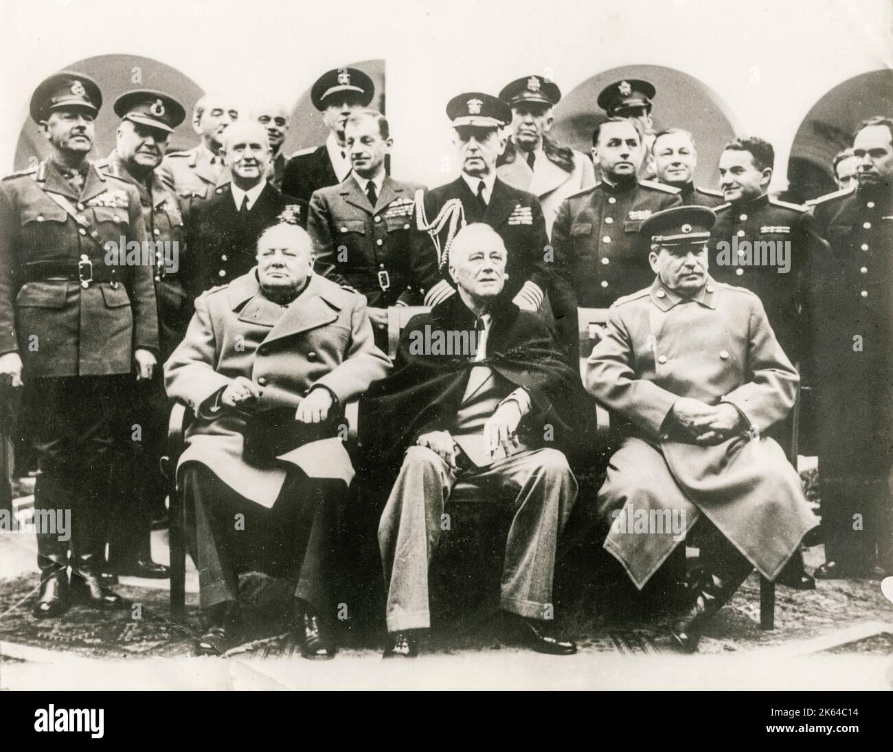 Vintage World War II photograph: The Yalta Conference, also known as the Crimea Conference and code-named Argonaut, held February 4-11, 1945, was the World War II meeting of the heads of government of the United States, the United Kingdom, and the Soviet Union to discuss the postwar reorganization of Germany and Europe. The three states were represented by President Franklin D. Roosevelt, Prime Minister Winston Churchill, and Premier Joseph Stalin, respectively. The conference was held near Yalta in Crimea, Soviet Union, within the Livadia, Yusupov, and Vorontsov Palaces. Stock Photo