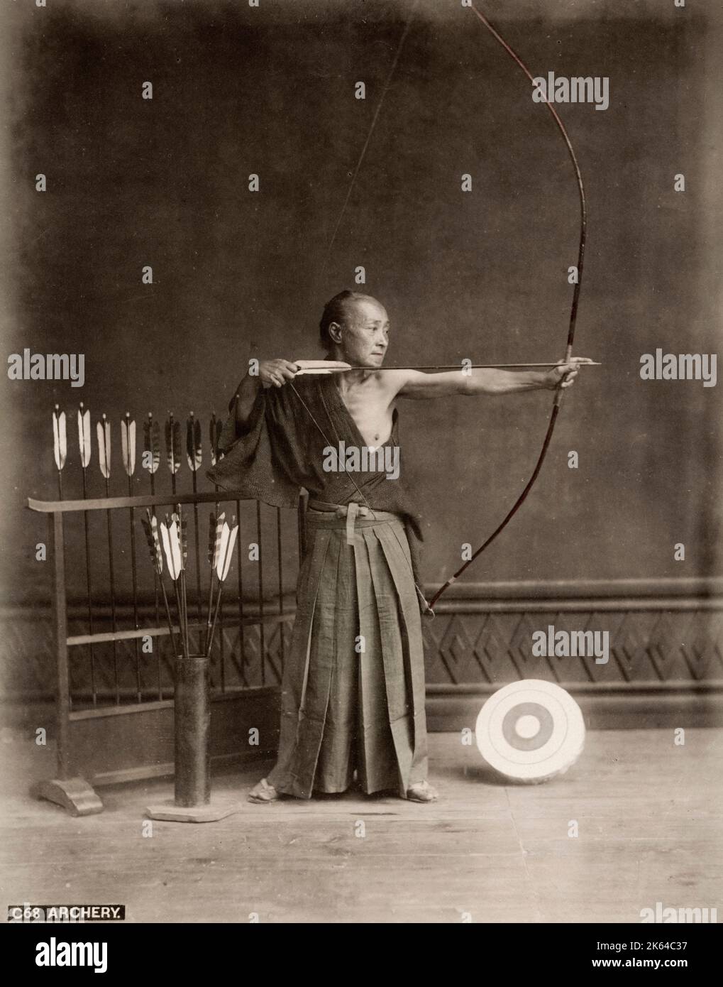 Vintage 19th century photograph Japanese archer with bow and arrow