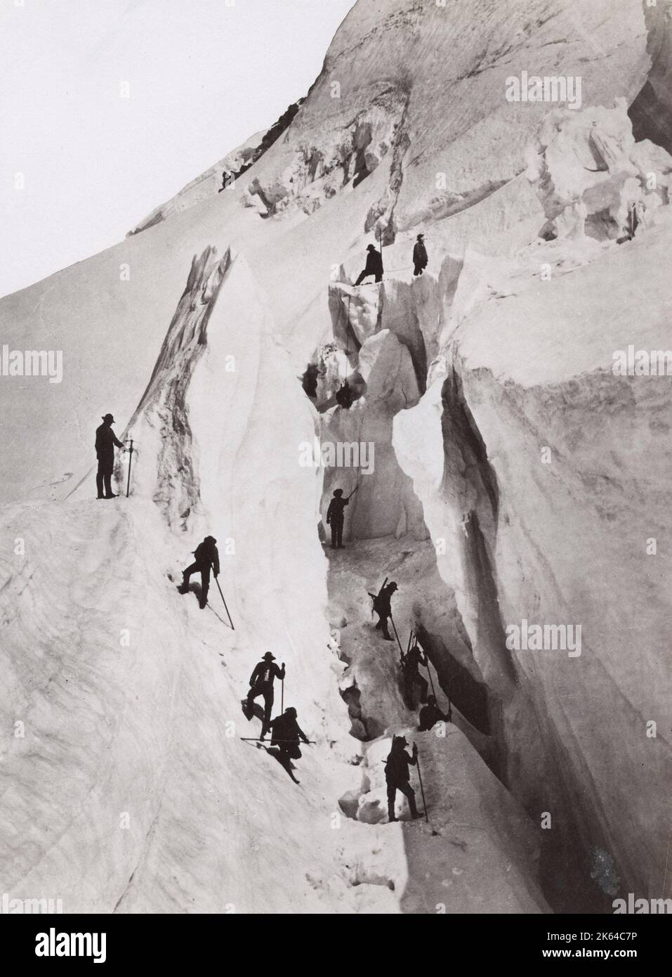 Late 19th century photograph - Climbing the the Alps, climbers roped. Stock Photo