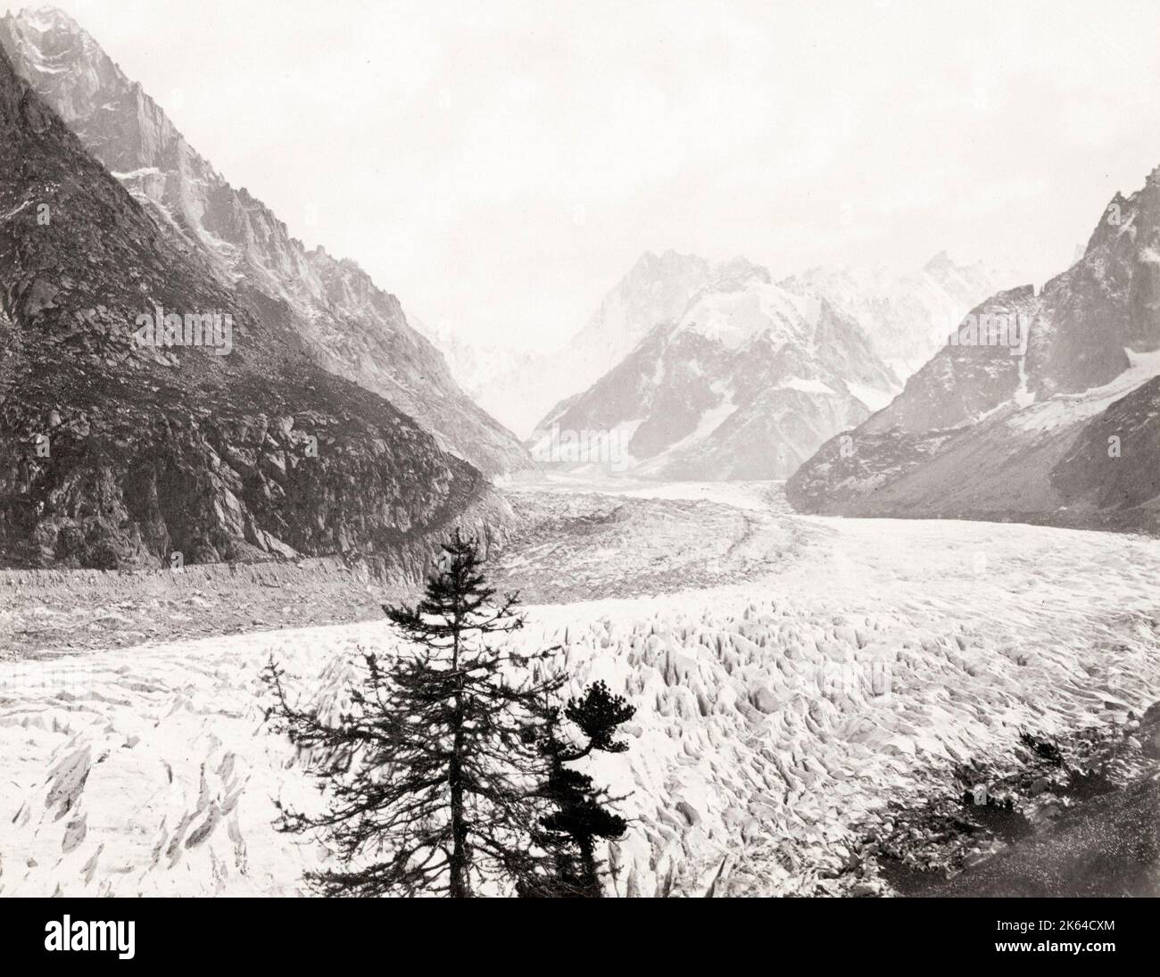 19th century vintage photograph: Mer de Glace, glacier, Chamonix, France, Alps. Mont Blanc. c.1880. Stock Photo