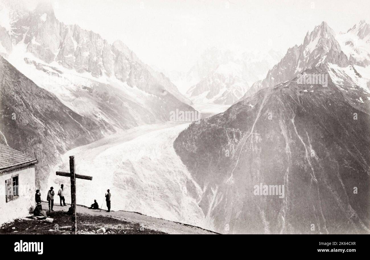 19th century vintage photograph: Mer de Glace, glacier, Chamonix, France, Alps. Stock Photo