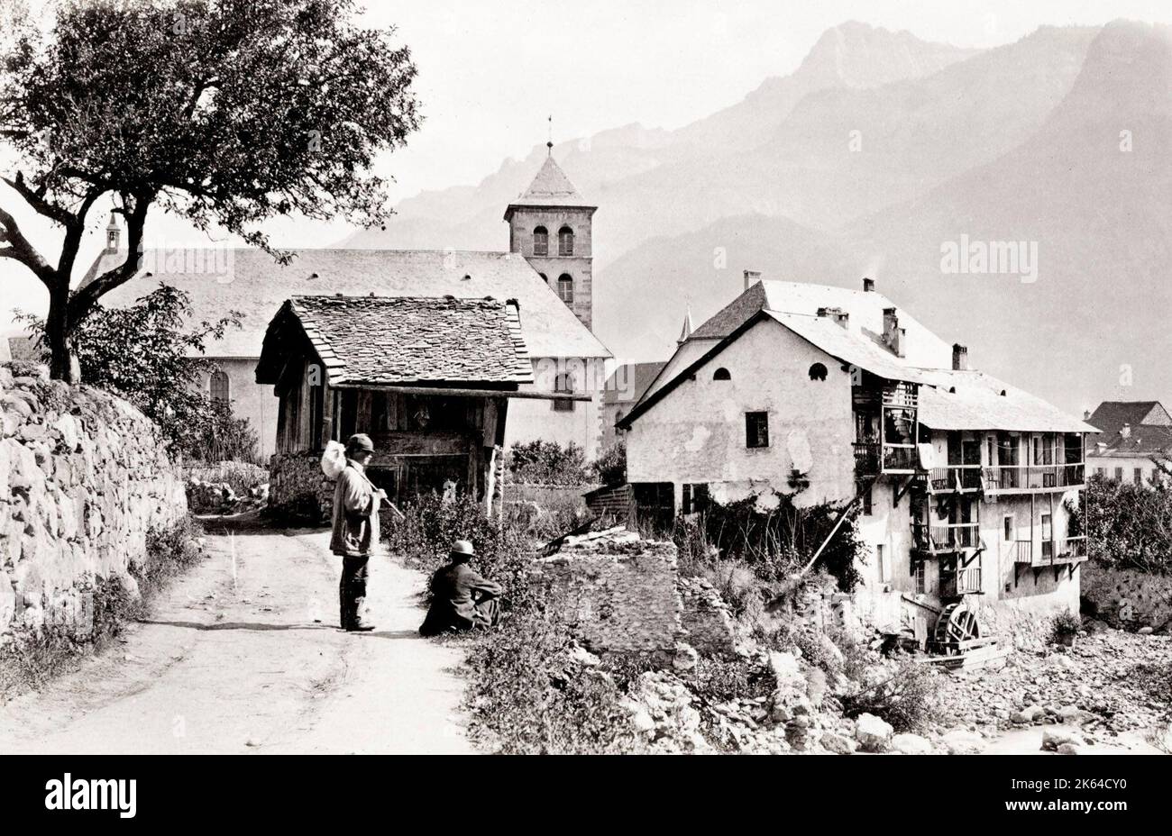 19th century vintage photograph: Sallanches is a commune in the Haute-Savoie department of France. Located close to the Mont Blanc massif, c.1880. Stock Photo