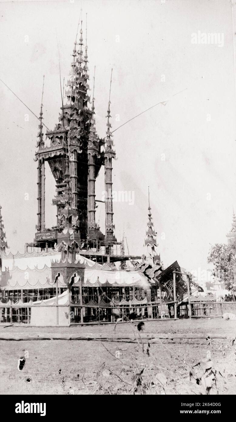 Vintage 19th century photograph: cremation of a Burmese Buddhist monk ...