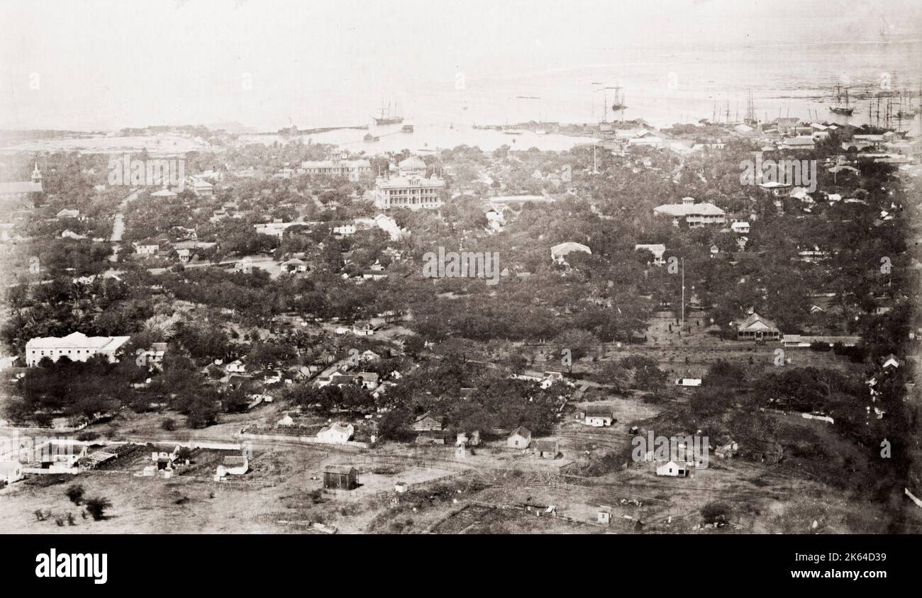 Vintage 19th century photograph view of Honolulu from the Punch Bowl, Hawaii, Hawaiian Islands