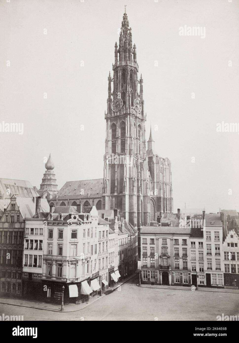 Late 19th century photograph: Street in Antwep, Anvers, Belgium, catherdral Stock Photo