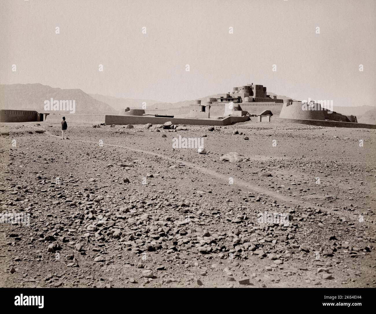 19th century vintage photograph: The Jamrud Fort is located beside Bab-e-Khyber at the entrance to the Khyber Pass from the Peshawar side in the tribal district of Khyber KPK, Pakistan. (British India) Image c.1890's-1900 Stock Photo