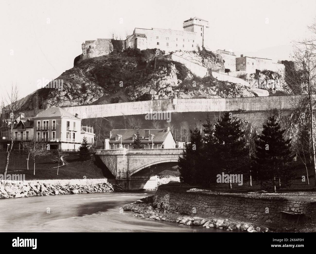 Vintage 19th century photograph: View of Lourdes, France Stock Photo ...
