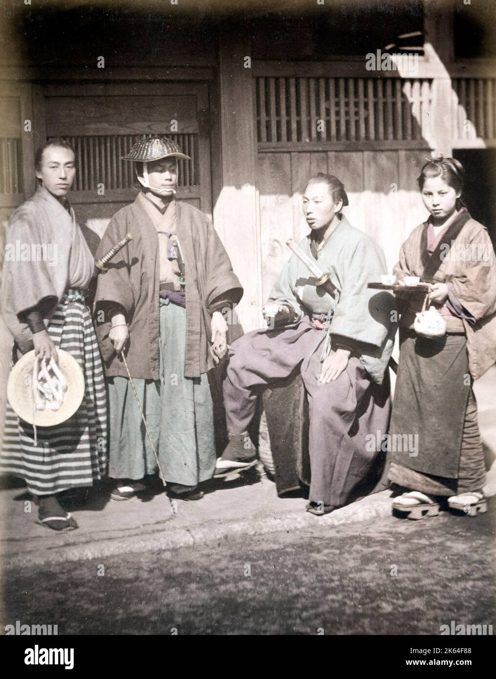 c. 1860s Japan - taking tea at a tea house, Felix Beato studio. Stock Photo