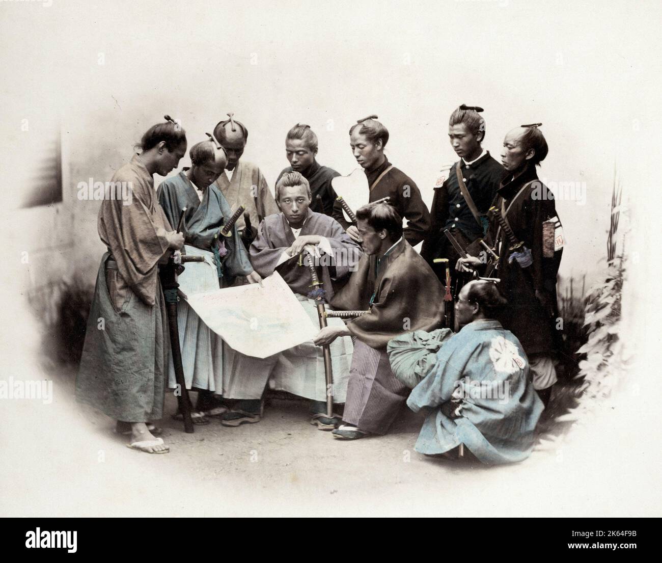1860's Japan - portrait of a group of southern officers Felice or Felix Beato (1832 - 29 January 1909),  Italian-British photographer working mostly in India, Japan, China Stock Photo