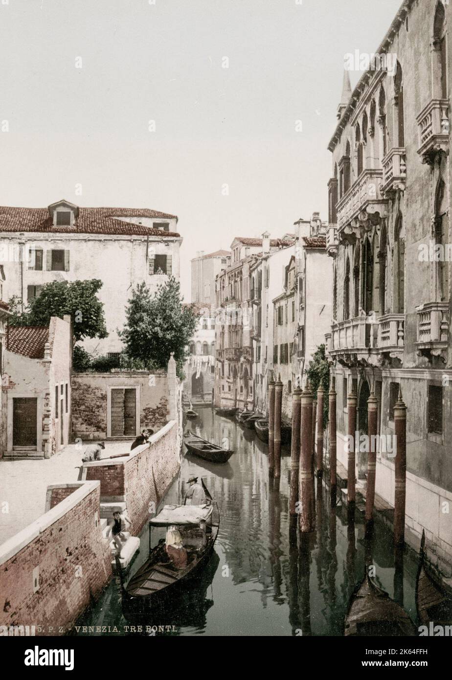 Vintage 19th century photograph: Tre Ponti, canal Venice, Italy Stock Photo