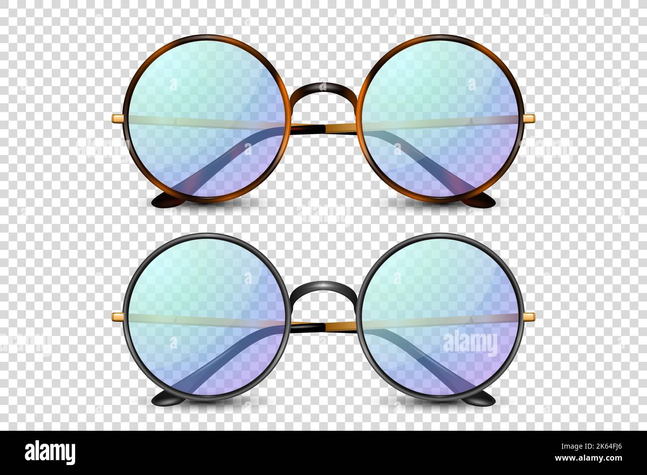 Vector 3d Realistic Leopard, Black Round Frame Glasses Set with Blue, Purple Transparent Glass Isolated, Eyeglasses for Women and Men, Accessory Stock Vector