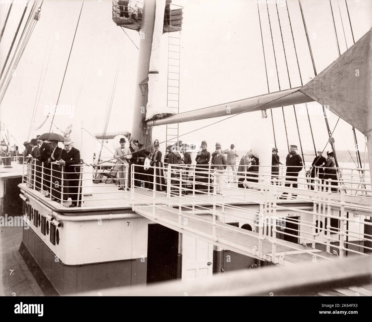 1889 photograph - RMS Teutonic - from an album of images relating to the launch of the vessel, which was built by Harland and Wolff in Belfast, for the White Star Line - later to achieve notoriety as the owner of the Titanic. The album shows interiors of the ship, member of the crew, trial cruises, including a visit onboard by the German Kaiser and Prince of Wales, as well as many images of other visitors. This image - deck of the Teutonic Stock Photo