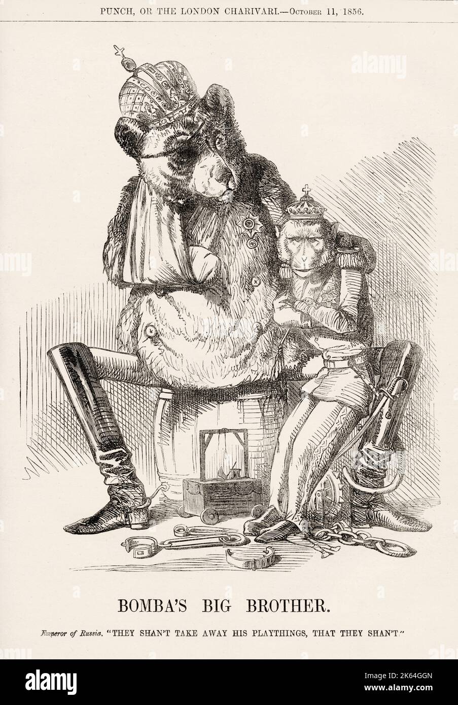 Bomba's Big Brother. Emperor of Russia: 'They shan't take away his playthings, that they shan't.' Ferdinand II (1810-1859), King of the Two Sicilies, depicted as a monkey sitting on the knee of the Russian bear.     Date: 1856 Stock Photo