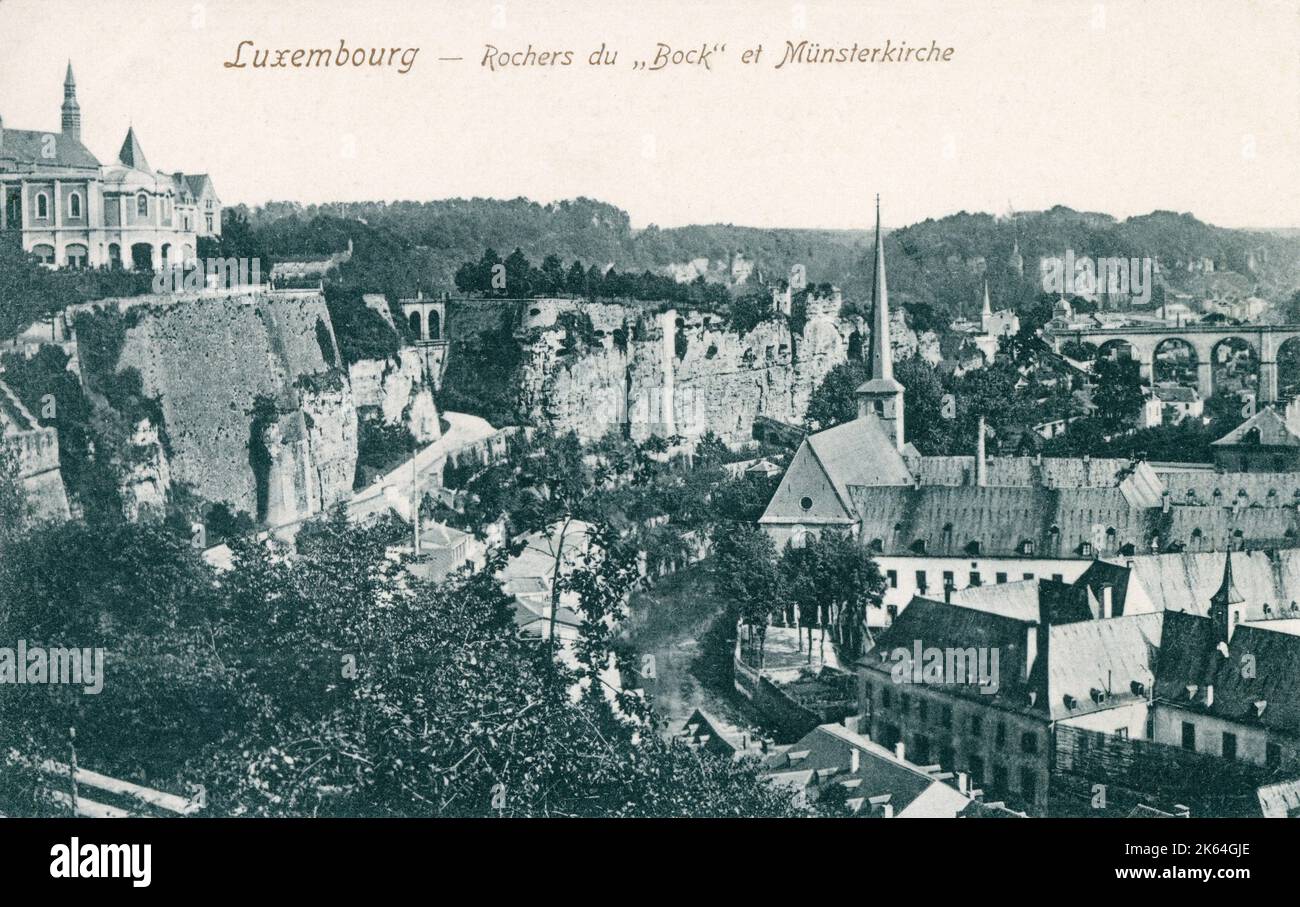 Luxembourg - 'The Bock' and Church of Saint John in Grund. The Bock (Bockfiels) is a promontory in the north-eastern corner of Luxembourg City's old historical district.     Date: circa 1910 Stock Photo