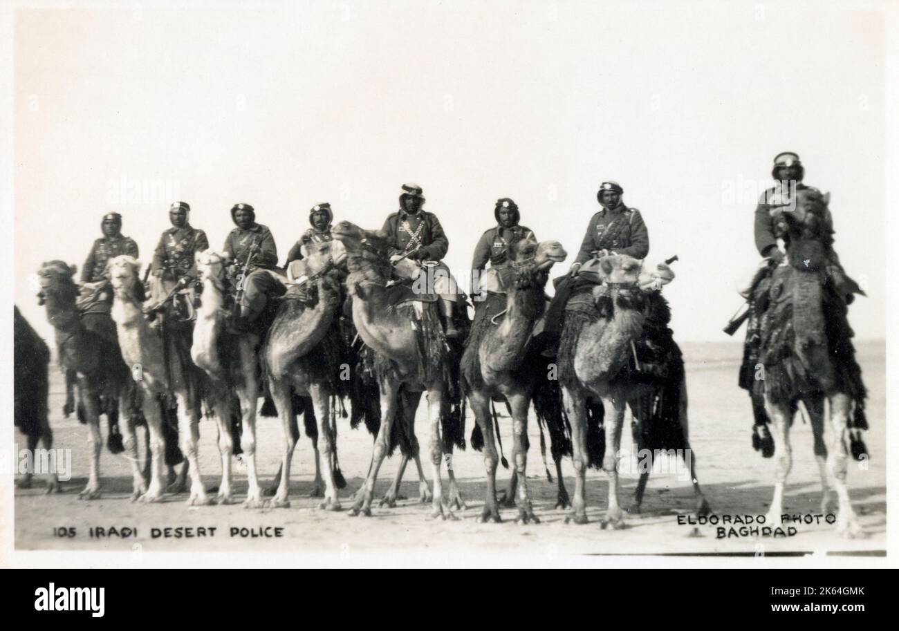 Iraqi Desert Police, mounted on camels. Stock Photo