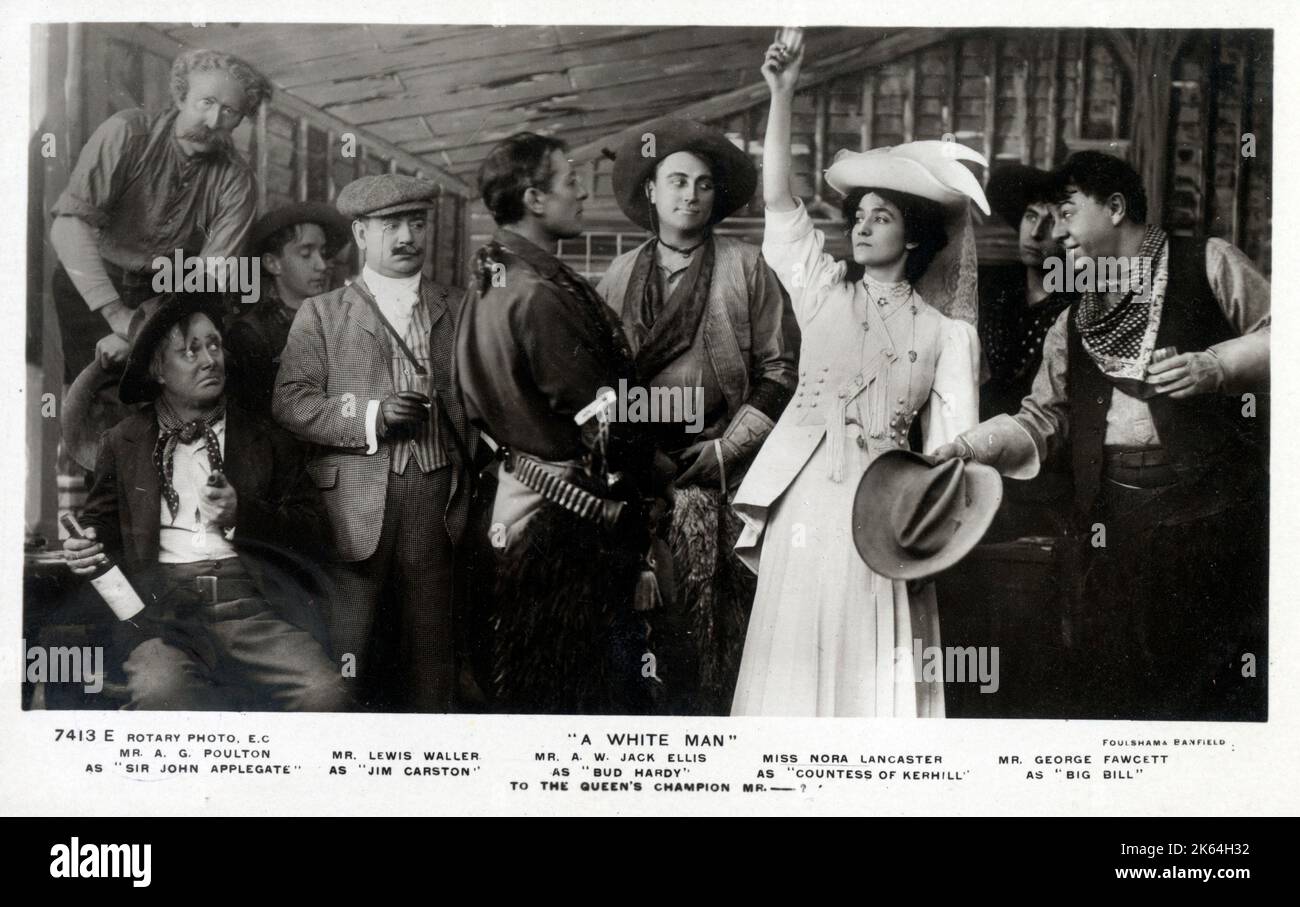 'A White Man' - play at The Lyric Theatre, London, featuring (from left) Mr A G Poulton as 'Sir John Applegate', Mr Lewis Waller as 'Jim Carston', Mr A W Jack Ellis as 'Bud Hardy', Miss Nora Lancaster as 'Countess of Kerhill' and Mr George Fawcett as 'Big Bill' - 'To The Queen's Champion Mr...?' Stock Photo