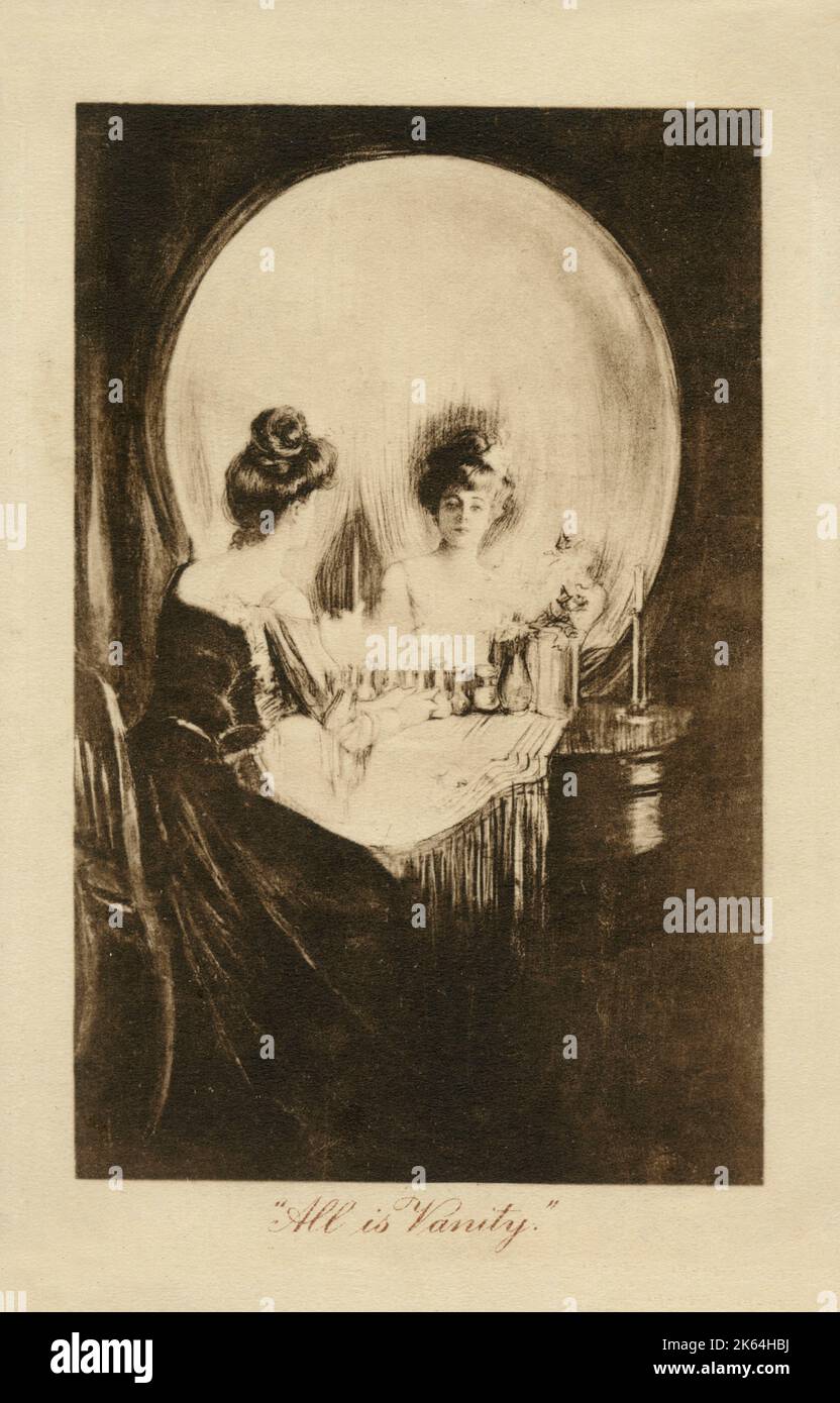 All is Vanity (1892) - a memento mori or vanitas trompe l'oeil optical illusion drawing of a woman at her dressing table, doubling as a human skull.      Date: 1892 Stock Photo