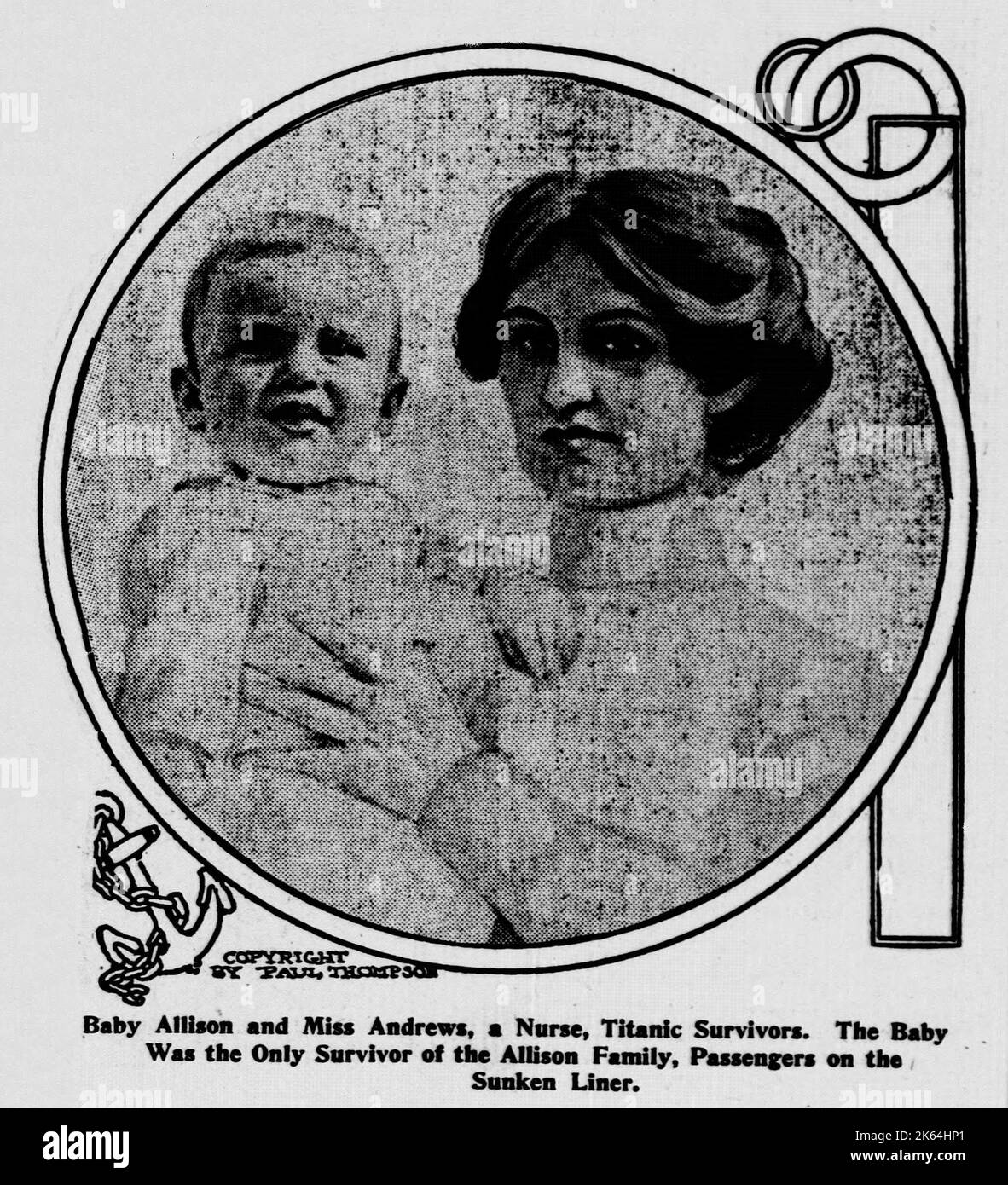 Baby Hudson Trevor Allison (1911-1929) and Alice Catherine Cleaver, his Nurse - Titanic Survivors. The baby was the only survivor of the Allison family (all travelling in 1st Class) after the luxury liner sank.     Date: 1912 Stock Photo