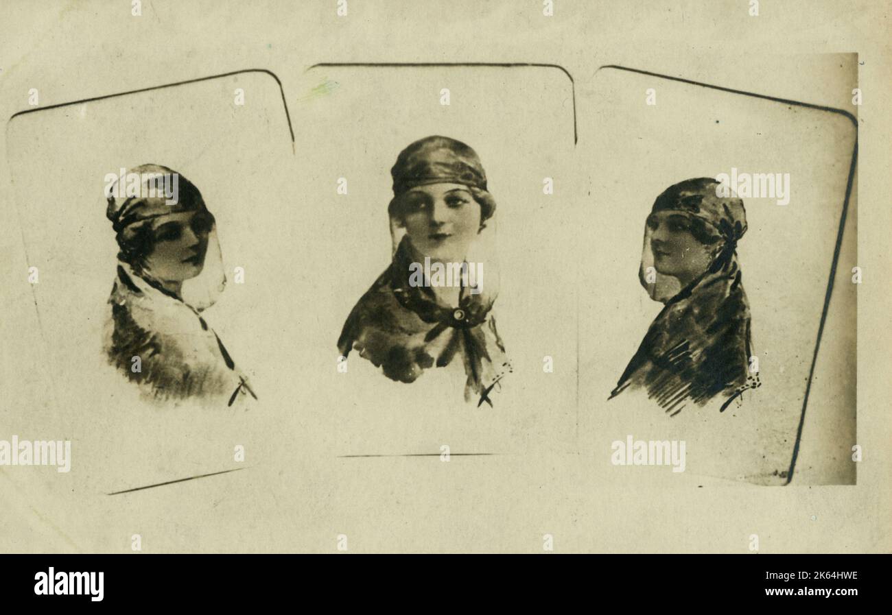 A set of cards issued to reflect the fact that soon after Ataturk took over in Turkey in the 1920s, there was liberation by women from the old modes of dress. Instead of impenetrable veils, they wore lighter, thinner veils. It was a move to modernisation and more Western thought away from heavy Orientalism (see also: 10982313 and 12689046). Stock Photo