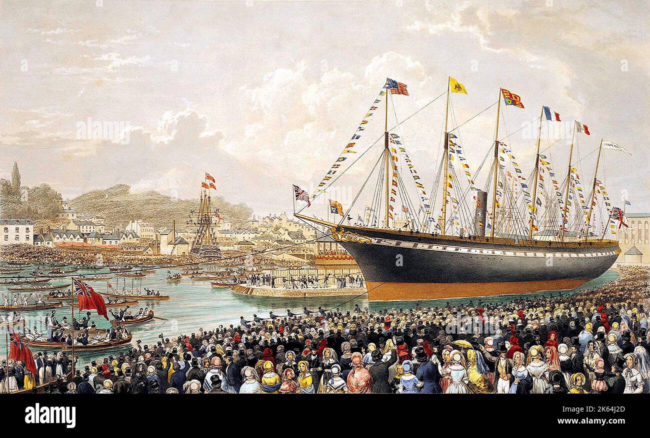 The SS Great Britain being launched into Bristol’s Floating Harbour on July 19, 1843 - designed by Isambard Kingdom Brunel, for the Great Western Steamship Company's transatlantic service between Bristol and New York City. Stock Photo