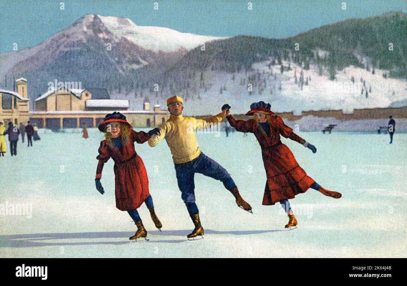 A Jolly Trio of Swiss Ice Skaters enjoying a spin on the rink.     Date: 1908 Stock Photo