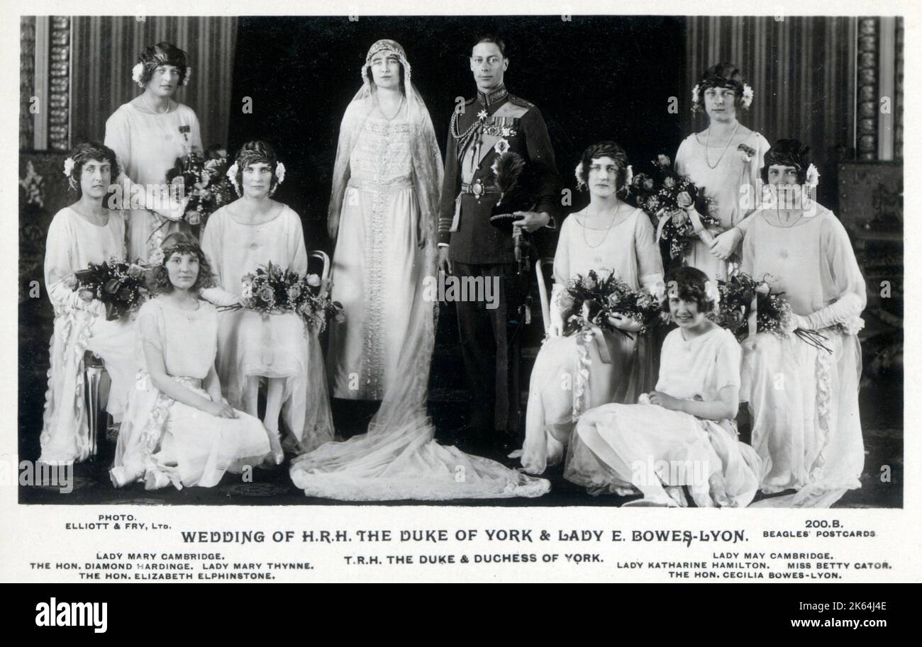 The Wedding of The Duke of York and Lady Elizabeth Bowes-Lyon (the future King George VI and Queen Elizabeth - herself later The Queen Mother) - pictured with bridesmaids - married in Westminster Abbey on 26 April 1923 Stock Photo