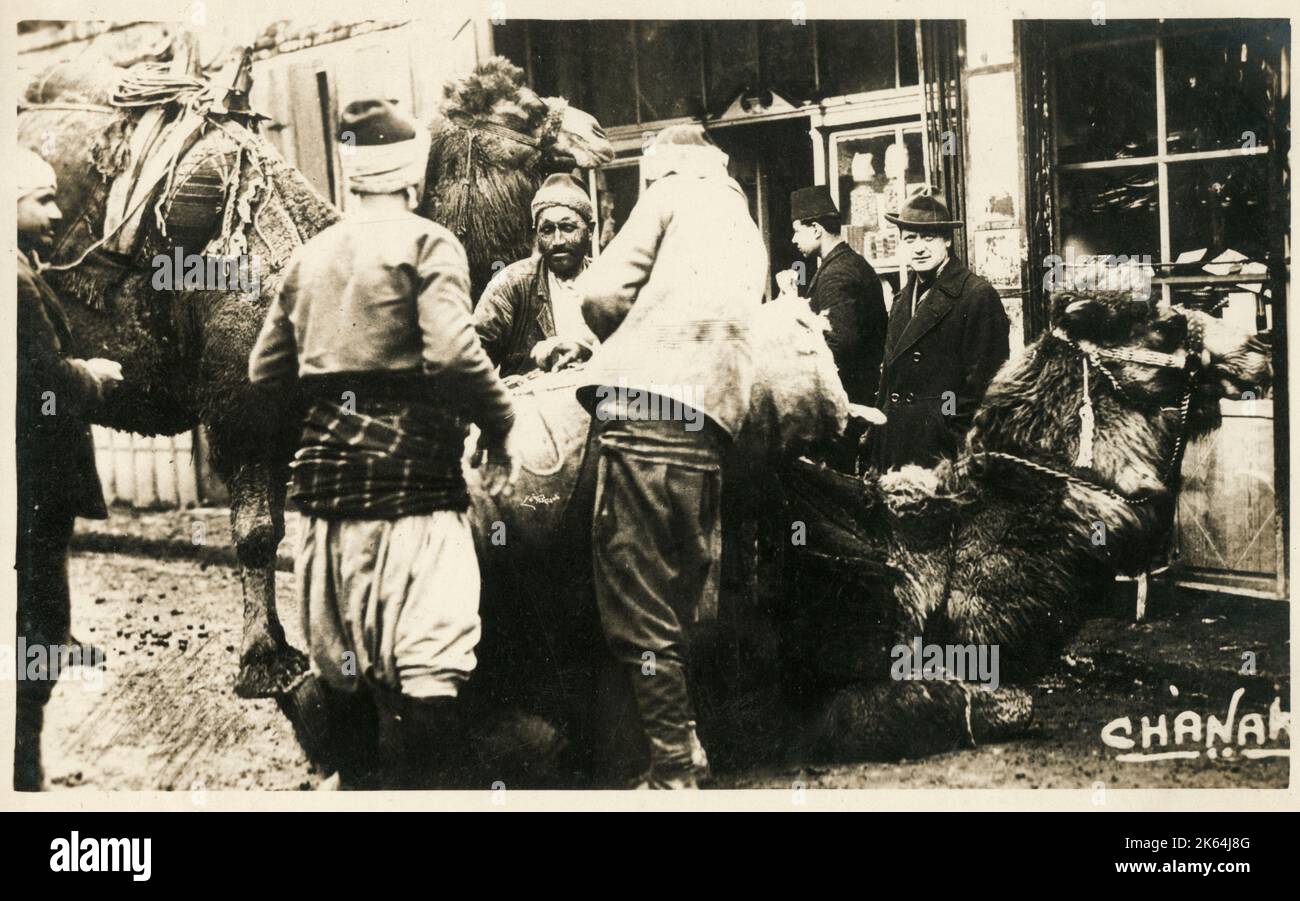 Chanakkale (Chanak, formerly Dardanellia ) on the Turkish Dardanelles coast (Gallipoli Peninsula) - Loading a Camel Train.     Date: 1923 Stock Photo