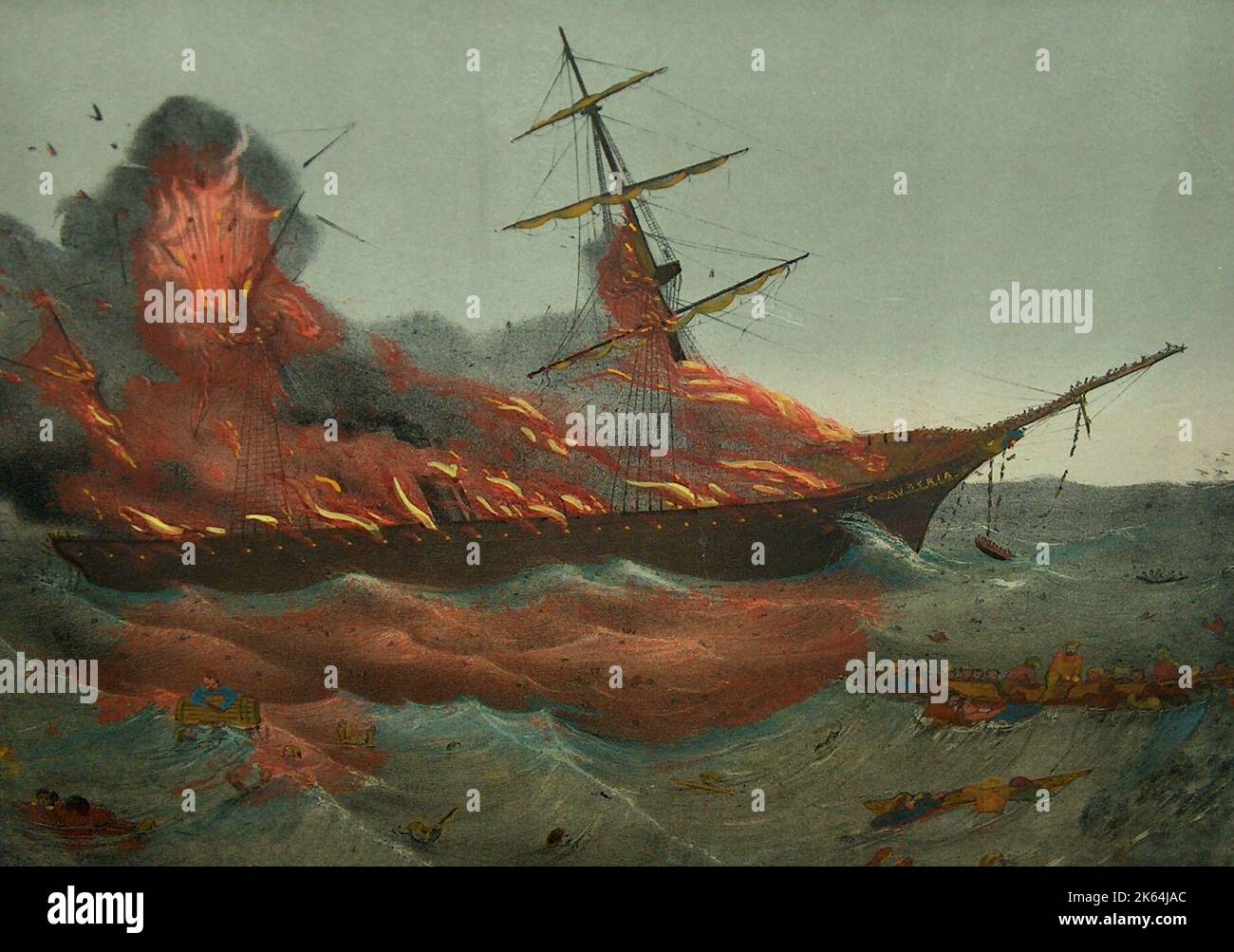 The Steamship SS Austria on fire on September 13, 1858 - the disaster saw 453 people drown with only 84 survivors.     Date: 1858 Stock Photo