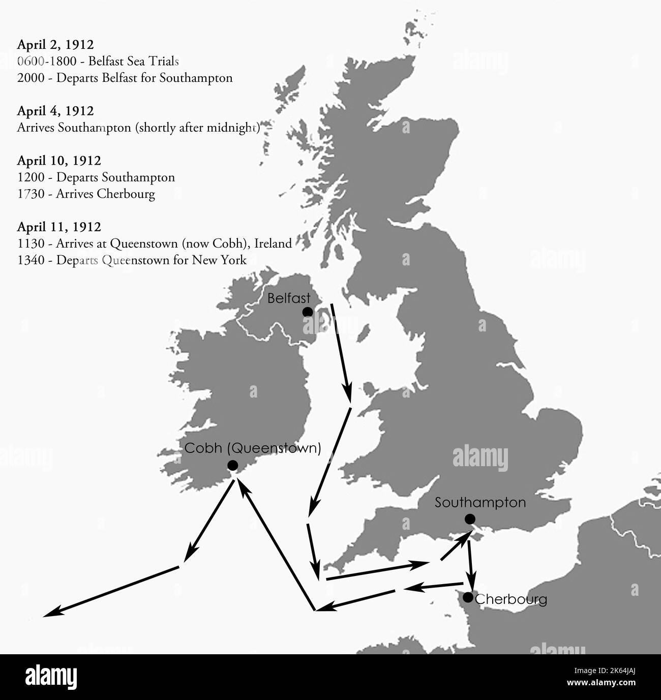 A map showing the route of the RMS Titanic on its Ill-fated Maiden Voyage, from Belfast to Southampton; Southampton to Cherbourg; Cherbourg to Queenstown (now Cobh) and then a final departure for New York. Stock Photo