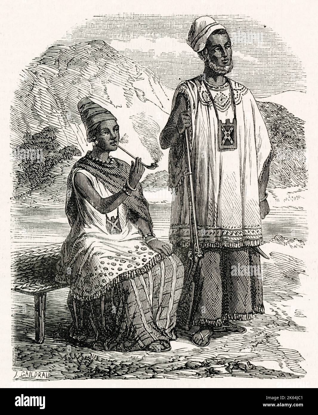Ndate Yalla Mbodj or Ndateh Yalla Mbooj, (c.1810-1860 or 1814-1856) and her husband, Maaroso Tassé. Ndate Yalla Mbodj was the last great Lingeer (Queen) of Waalo, one of the four Wolof kingdoms of Senegambia located in what is now North-West Senegal. She is pictured in royal dress. Stock Photo