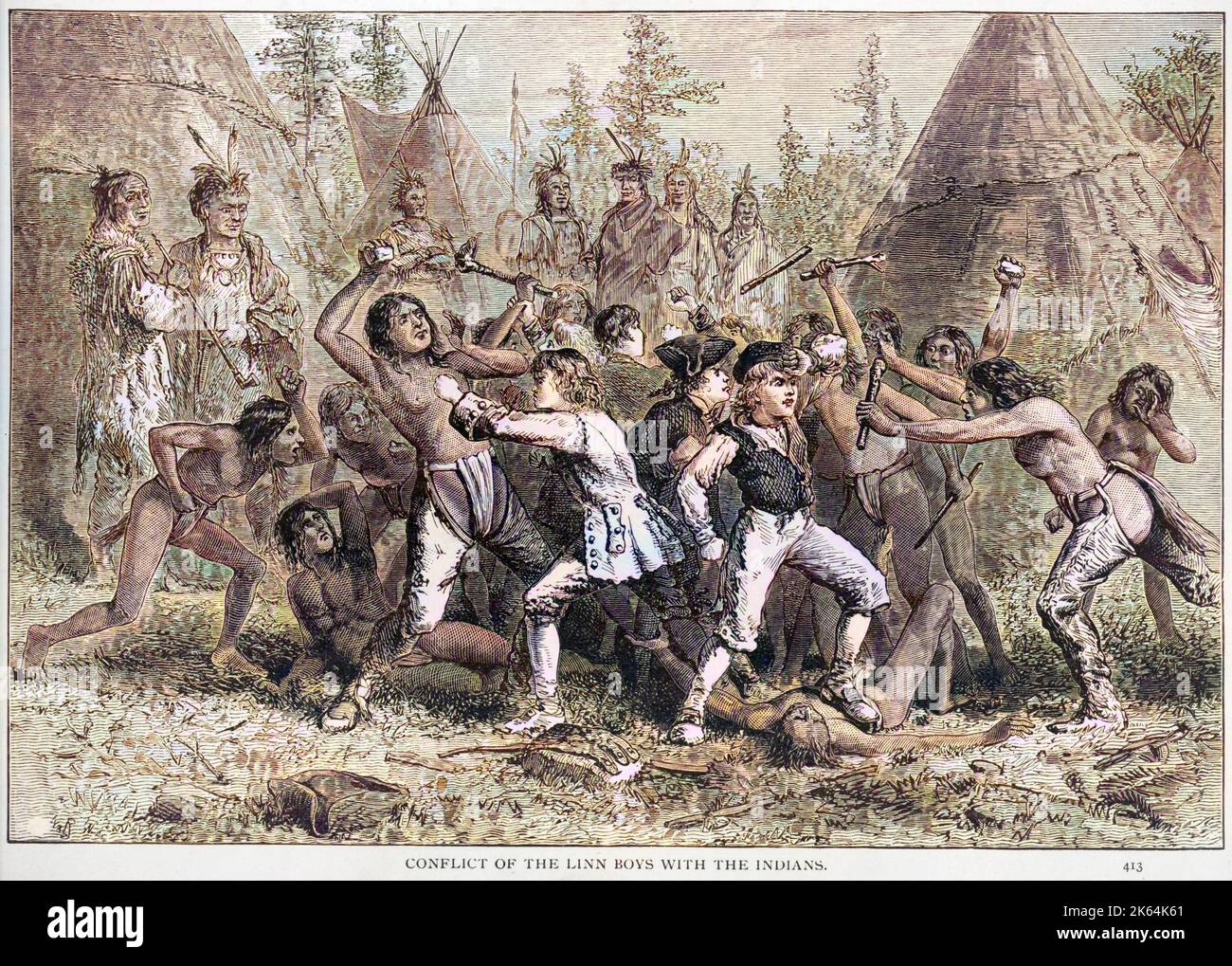 Conflict of the Linn boys with the Indians. Print showing Linn brothers in hand-to-hand combat in a Native American village, Kentucky, ca. 1785. Date 1883. Stock Photo