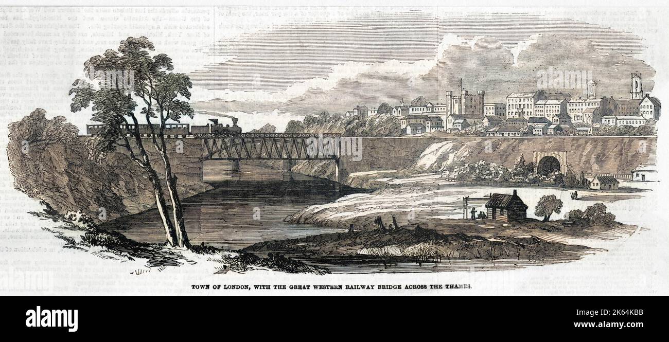 General view of the town, with a train crossing the railway bridges of the Great Western Railway over the Thames river.     Date: 1854 Stock Photo