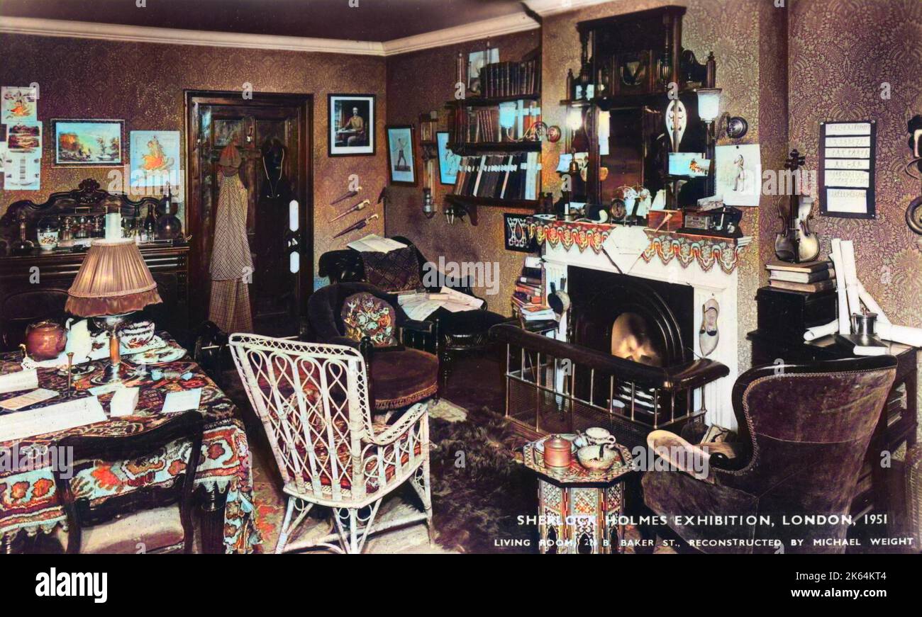 Living Room of 221B Baker Street, part of a Sherlock Holmes Exhibition, London, reconstructed by Michael Weight.  Details included are Holmes's pipe and his violin. Stock Photo