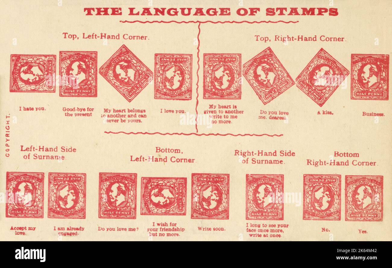 The Language of Stamps - how to place one's half penny stamps in order to pass on a secret message, mostly of a romantic nature... Stock Photo