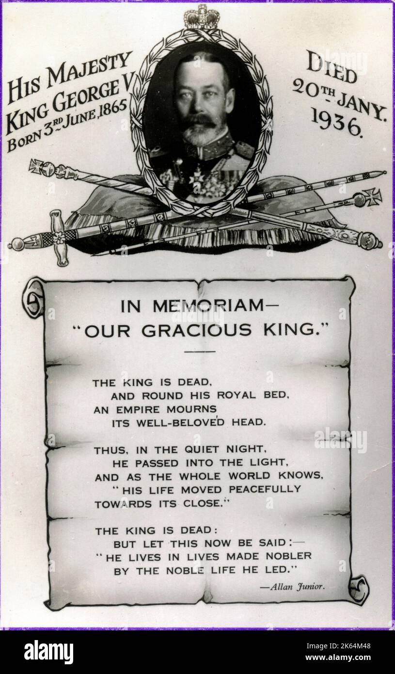 In Memoriam postcard - King George V (1865-1936) - accompanied by a poem by Allan Junior Stock Photo