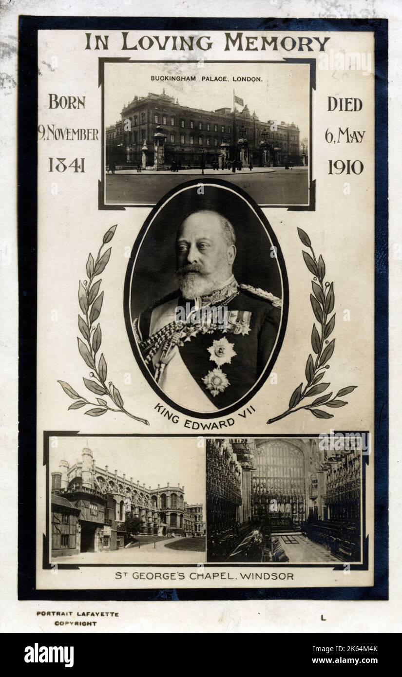 Memorial postcard - King Edward VII (1841-1910), with inset portrait and views of Buckingham Palace and St. George's Chapel, Windsor Castle. Stock Photo