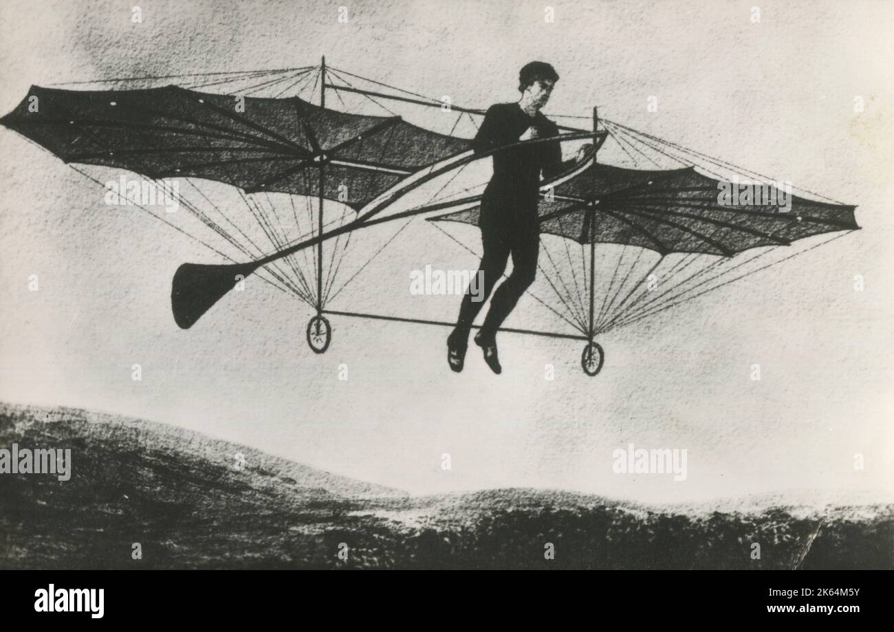 Percy Sinclair Pilcher's Flying Machine. Actual photograph of Pilcher (1866-1899) taking first flight. He was the first man to fly in England. His experimental work was carried out at Stanford Hall, Stanford-on-Avon, West Northamptonshire, England - where he was tragically killed on September 30, 1899 whilst demonstrating his glider 'The Hawk' in bad weather. Stock Photo