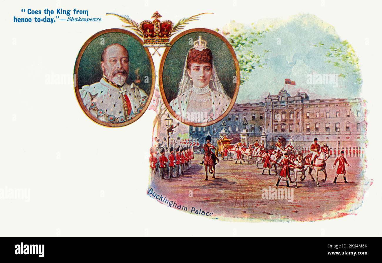 Coronation of King Edward VII and Queen Alexandra on - August 9, 1902 - The Golden State Carriage leaving Buckingham Palace - Commemorative postcard. Accompanied by a quote from 'Macbeth' by William Shakespeare. Stock Photo