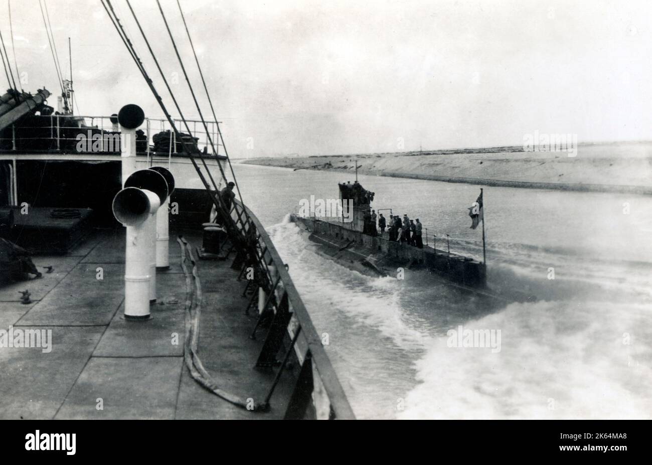 British E-class submarine viewed from another Naval vessel. The E class served with the Royal Navy throughout World War I as the backbone of the submarine fleet. The last surviving E class submarines were withdrawn from service by 1922. Stock Photo