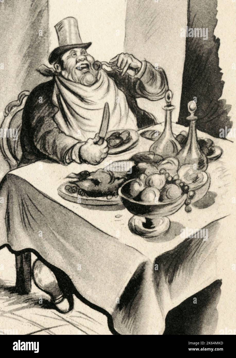 An obese man (John Bull) eating from a table groaning with food. Stock Photo