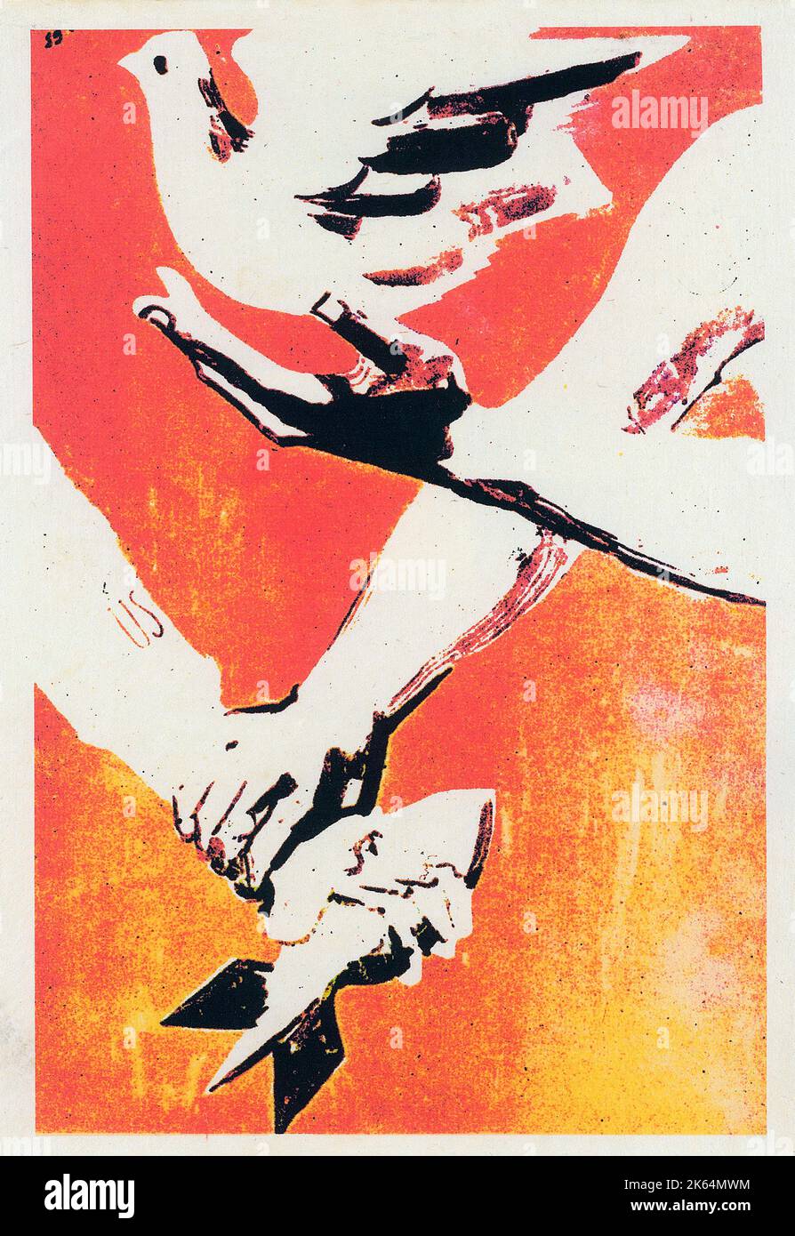 Vietnam War - Vietnamese Patriotic Poster - "Peace not War". The hand holding the bomb is restrained, whilst the dove is released. Stock Photo